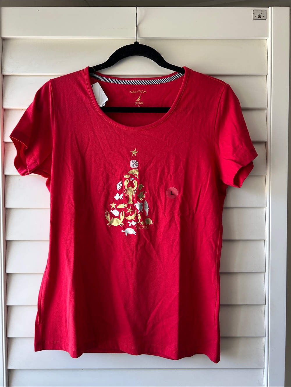 Nautica Red Short-Sleeve Scoop Neck Tee with Metallic Shell Motif